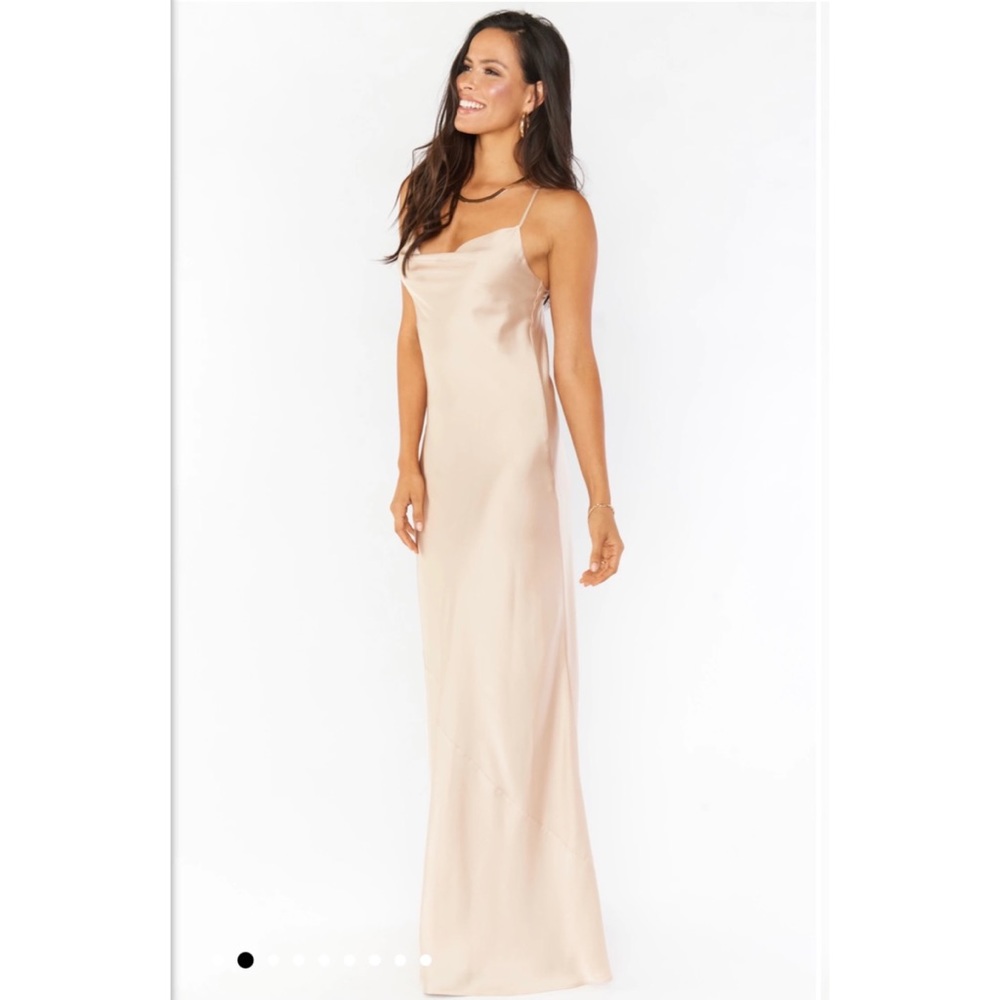 Show Me Your Mumu Tuscany Maxi Slip Dress in color Champagne Luxe Satin; size: S
